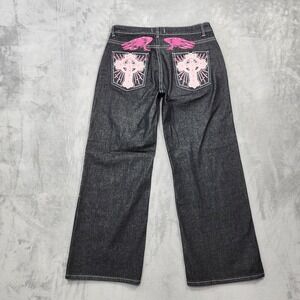 Disclosure Jeans Womens 11/30 Juniors Black Pink Wings Cross Wide Leg Faded Y2K